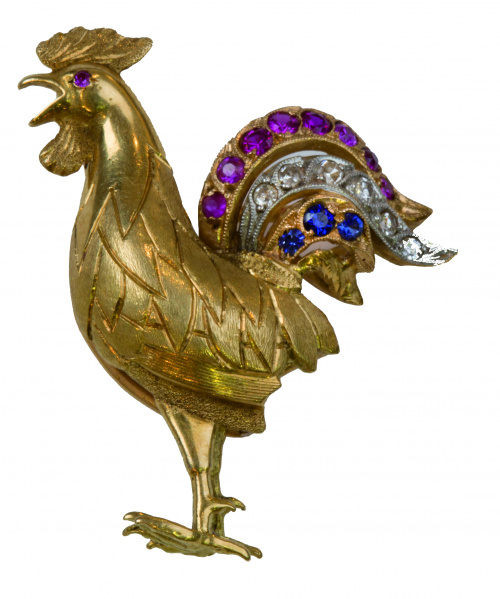 Broche clip S. XIX en forma de gallo con cola de diamantes,