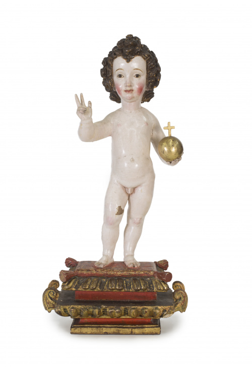 “Niño Jesús como Salvator Mundi”  Escultura de bulto redon