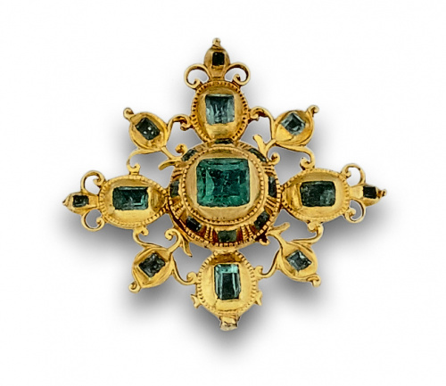 Colgante Cruz de esmeraldas s.XVIII en oro de 18K.