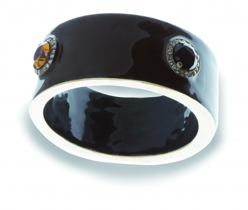 Brazalete ancho de plata y esmalte color marrón con cuatro 