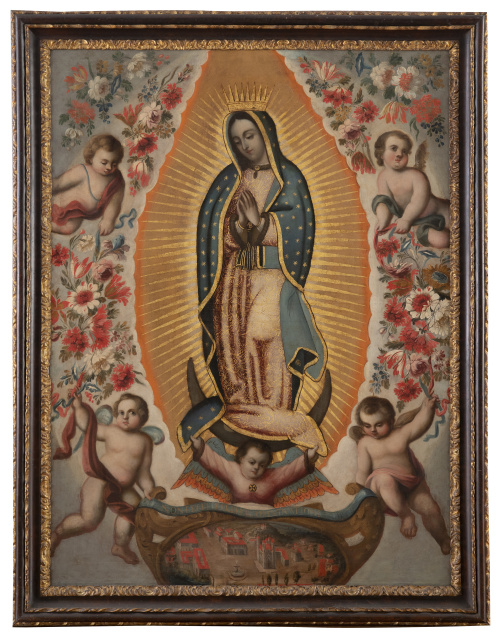 ESCUELA MEXICANA, H. 1700Virgen de Guadalupe con flores y