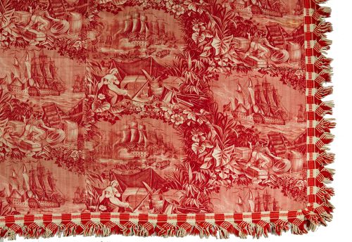 Toile de Jouy de tela estampada en rojo con escenas de puer