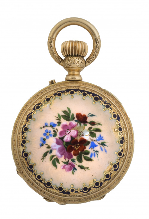 Prima Cinemática Escoger Reloj saboneta de bolsillo S. XIX de oro y esmalte decorado con flores