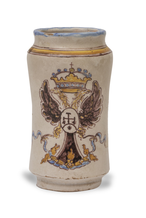 Albarelo de cerámica esmaltada con águila bicéfala y óvalo 