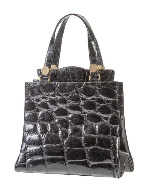 Bolso de piel de cocodrilo brillante negro acharolado con a