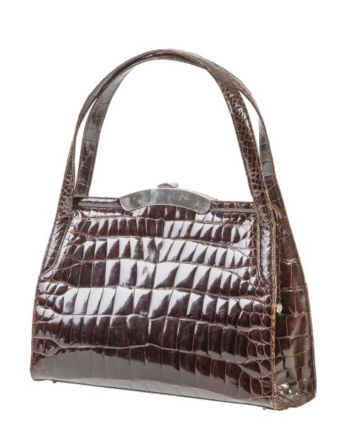 Bolso de piel de cocodrilo brillante marrón con asa doble