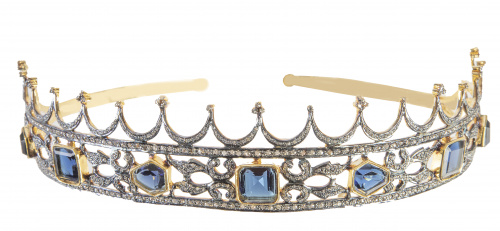 Diadema de diamantes y zafiros sintéticos con diseño a modo