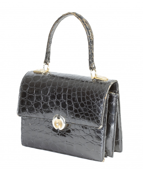 Bolso de piel de cocodrilo negro con asa corta