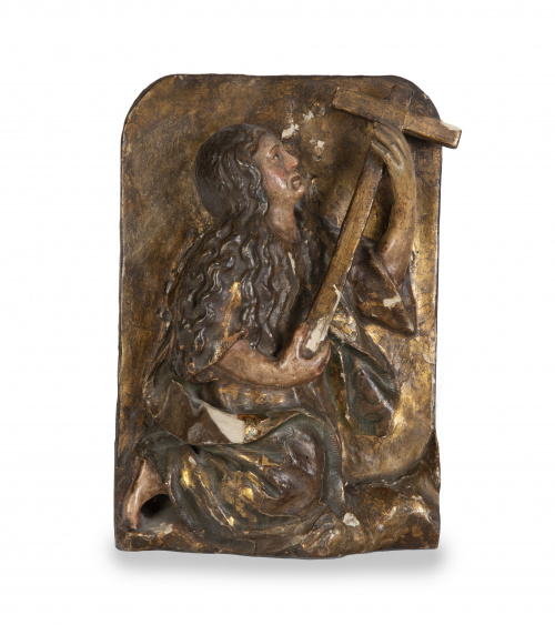 Magdalena penitente.Relieve en madera tallada, policromad