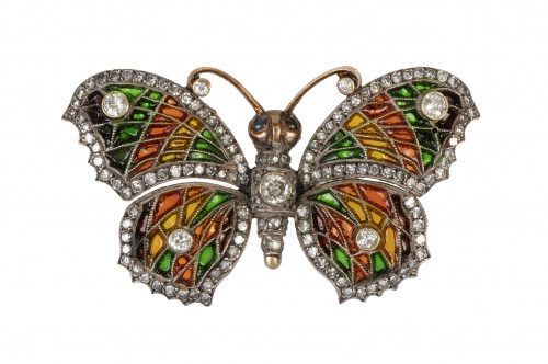 Broche mariposa de pp. S. XX de brillantes y esmalte plique