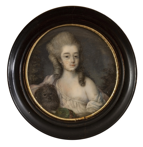 ESCUELA ESPAÑOLA, H. 1800Retrato de dama con perro sobre 