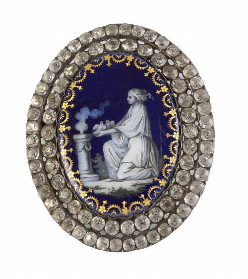 Broche oval memento mori S. XVIII en esmalte azul con adorn