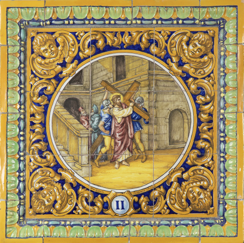 Panel de Vía Crucis de nueve azulejos de cerámica esmaltada