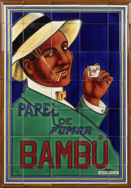 "Papel de fumar Bambú".Panel de 35 azulejos de cerámica e