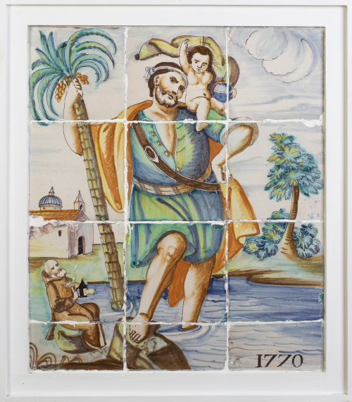 San Cristóbal y el Niño.Panel Carlos IV de doce azulejos 