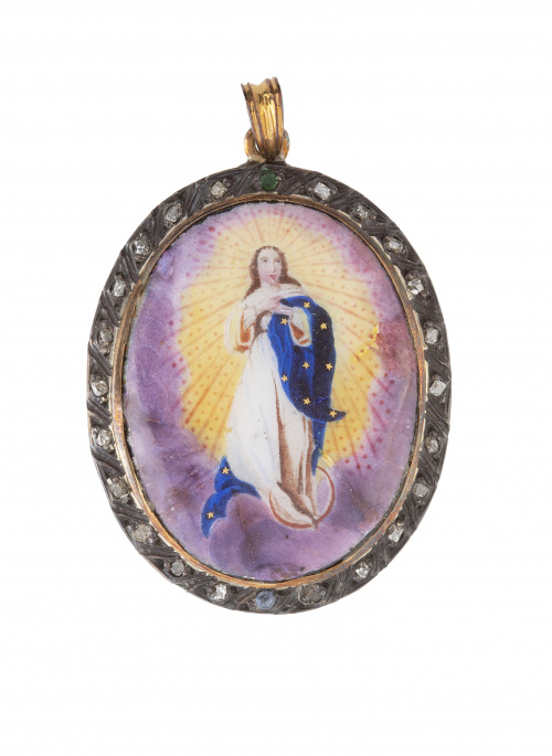 Colgante S. XIX con esmalte de Virgen Inmaculada orlado de 