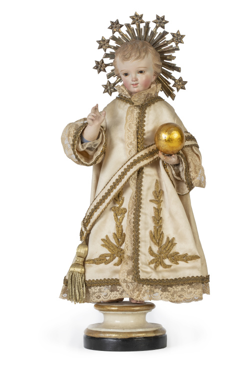 Niño Jesús Salvador del Mundo.Talla vestidera de madera t