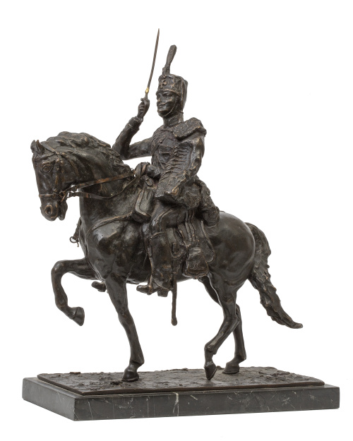 Soldado a caballo.Escultura de bronce. Firmada "Sanchez".