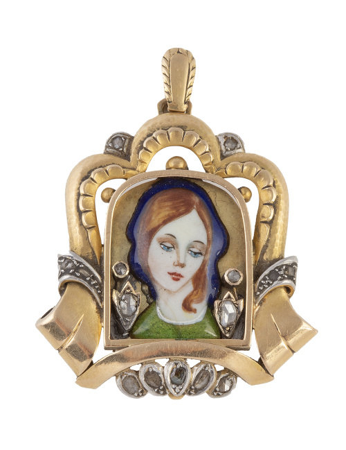 Medalla Art-Decó con Virgen de esmalte en marco calado form