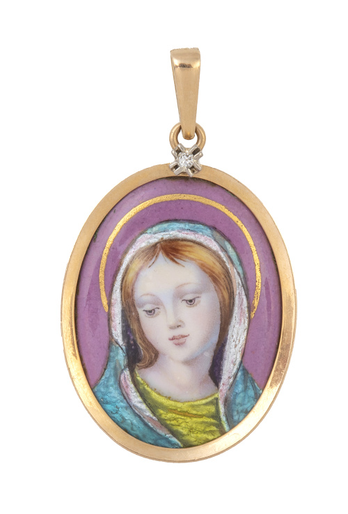 Colgante de Virgen de esmalte polícromo, con reverso en oro