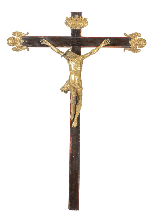 Cristo Expirante.Bronce dorado sobre cruz de madera eboni