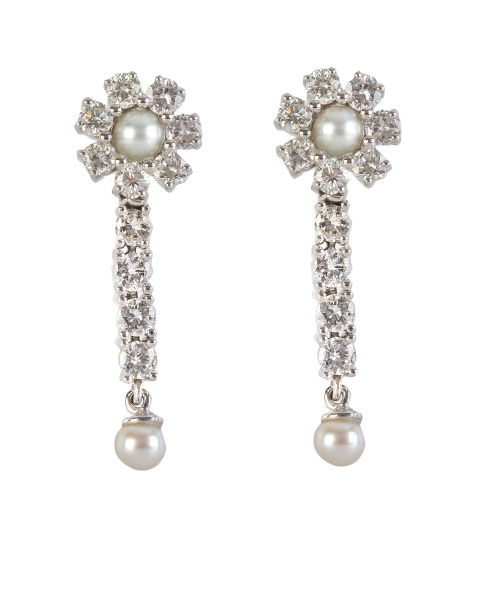 Pendientes largos desmontables de perlas y brillantes, con 