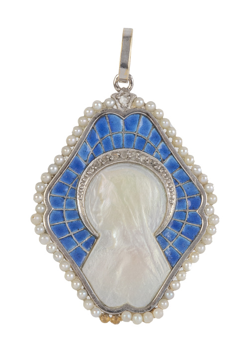 Colgante Art-Decó de Virgen en nácar con aureola de diamant