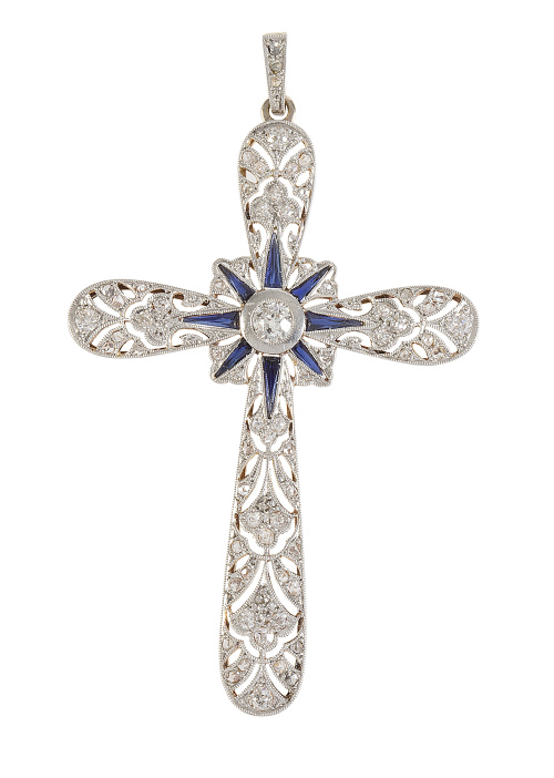 Cruz colgante Art-Decó de zafiros y diamantes, con un brill
