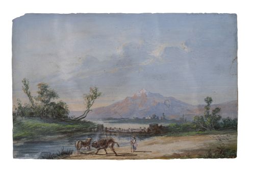 ESCUELA MEXICANA, 1842Paisaje de México con vaquero y tor