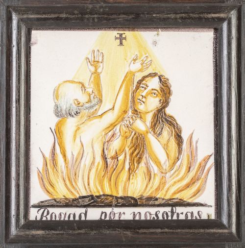 Azulejo de cerámica esmaltada con condenados en el infierno