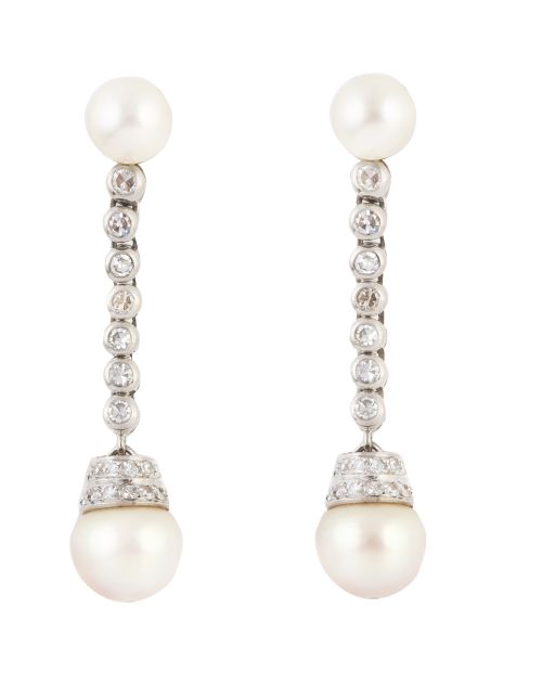 Pendientes largos de perlas y brillantes Art-Decó, con líne