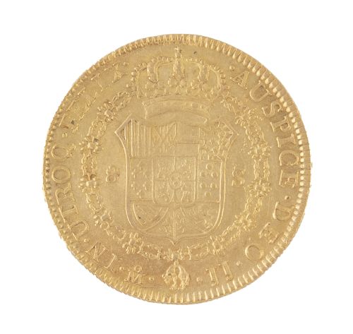 Moneda de 8 escudos de Fernando VII 1819 en oro. México. JJ.