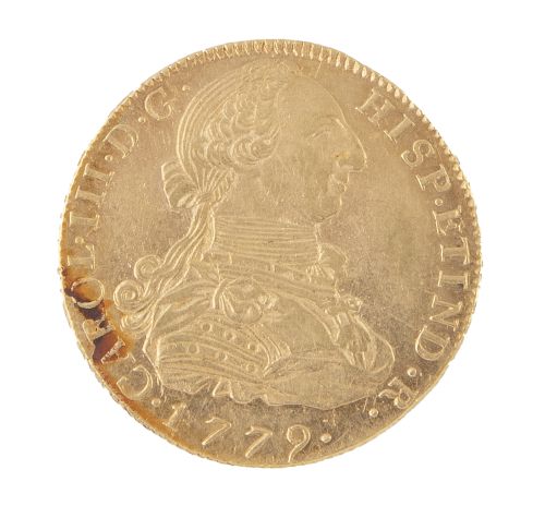 Moneda de 8 escudos de Carlos III 1779 en oro. Bolivia. PR.