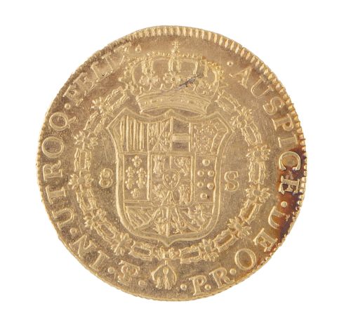 Moneda de 8 escudos de Carlos III 1779 en oro. Bolivia. PR.