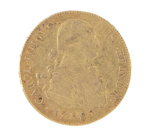 Moneda de 8 escudos de Carlos IV. 1799 en oro. Bolivia. PP.