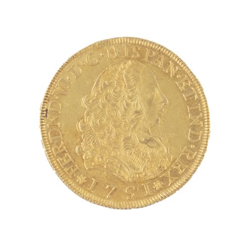 Moneda de 8 escudos de Fernando VI en oro. 1751. Lima. LM