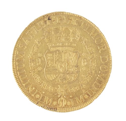 Moneda de 8 escudos de Fernando VI en oro. 1751. Lima. LM