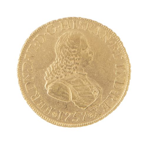 Moneda de 8 escudos de Fernando VI en oro. 1757 . Nuevo Rei