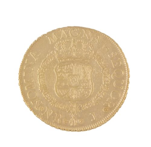 Moneda de 8 escudos de Fernando VI en oro. 1757 . Nuevo Rei