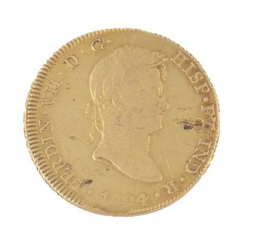 Moneda de 8 escudos de Fernando VII 1824 en oro. Cuzco. G.