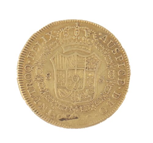 Moneda de 8 escudos de Fernando VII 1824 en oro. Cuzco. G.