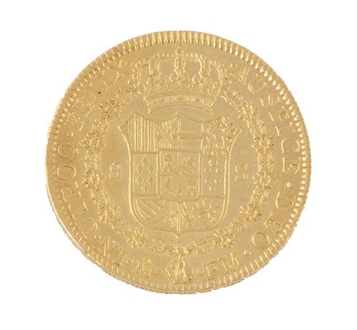 Moneda de 8 Escudos de Carlos IV en oro. 1799. México. FM.