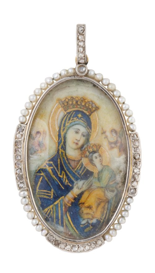 Medalla colgante Art-Decó con miniatura de Virgen con Niño,