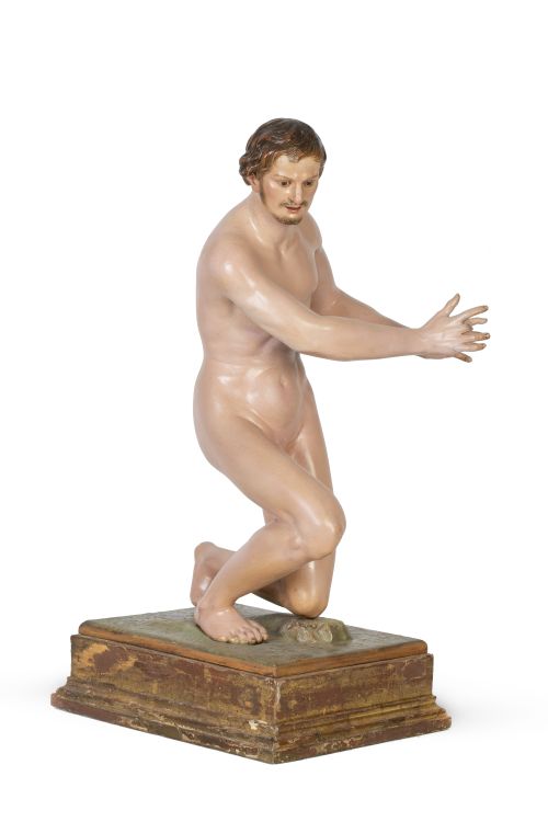 Desnudo masculino.Escultura en madera tallada y policroma