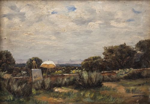 FRANCISZEK HORODYSKI (1871-1935)?Paisaje con caballete de