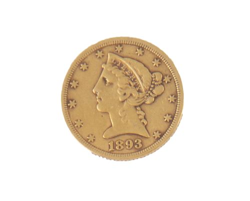 Moneda 5 dólares USA en oro 1893. Cabeza Liberty y águila