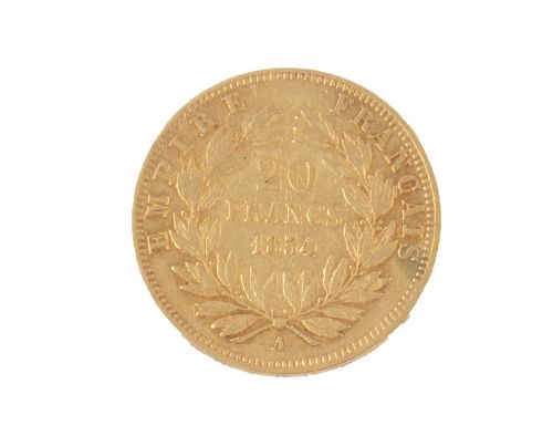 Moneda de 20 francos Napoleón III en oro. 1854