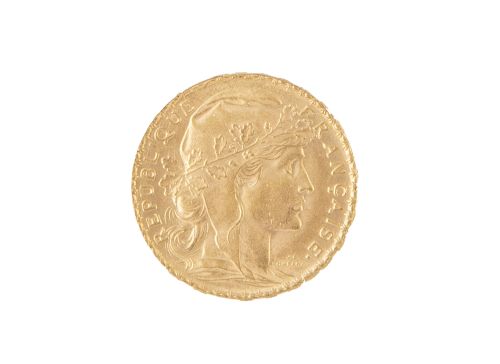 Moneda de 20 francos de la República francesa en oro. 1908