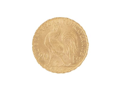 Moneda de 20 francos de la República francesa en oro. 1908