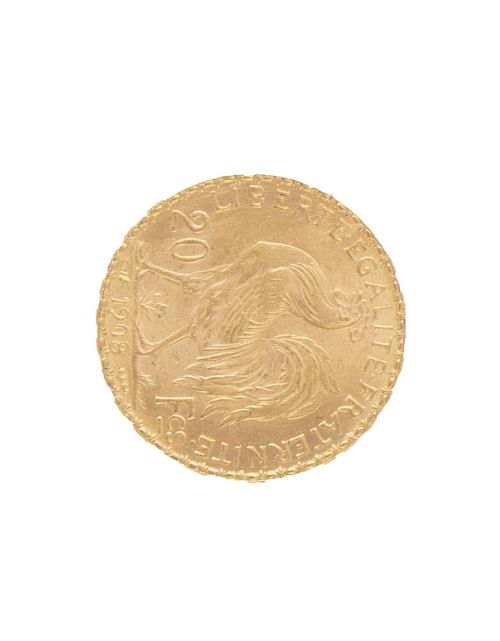 Moneda de 20 francos de la República francesa en oro. 1908